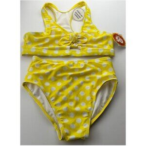 George Kids Bikini Girl 7-8 Yellow White Polka Dot 2Pc Swimsuit UPF 50 Tie Front